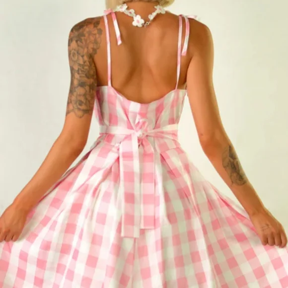 Pink & White Gingham Tie Shoulder Fit To Flare Dress + Costume Accessories (L) - Picture 7 of 16
